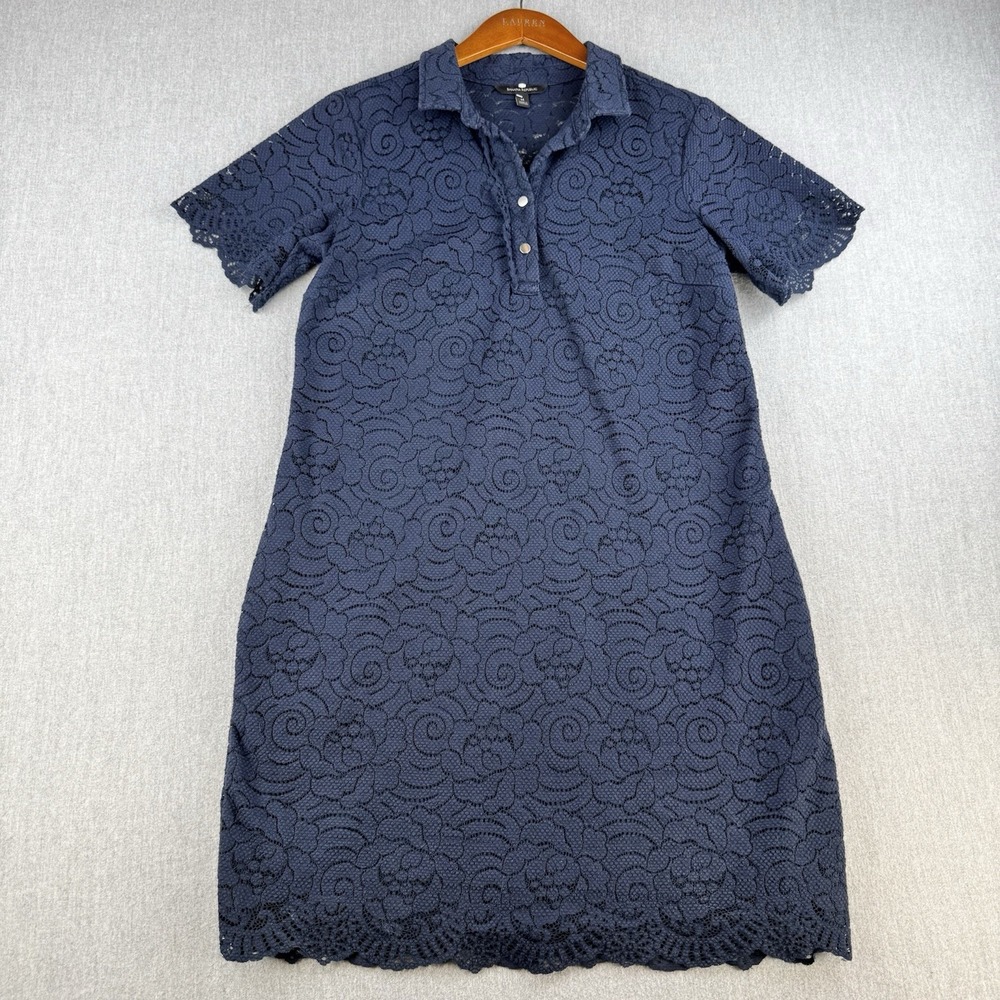 Banana‎ Republic Dress Women Medium Navy Floral Lace Shift Midi Collared Zip